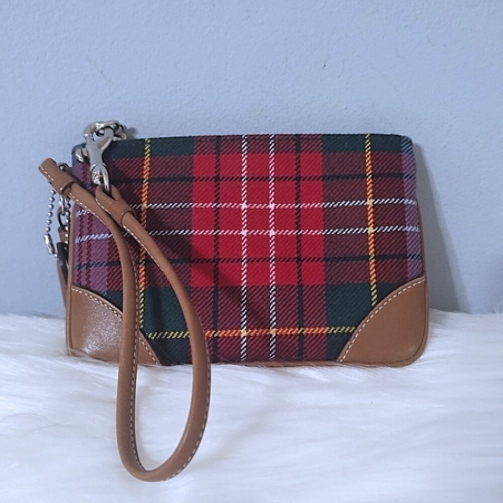Coach vintage y2K Tartan wool plaid wristlet leather trim w/tassel EUC